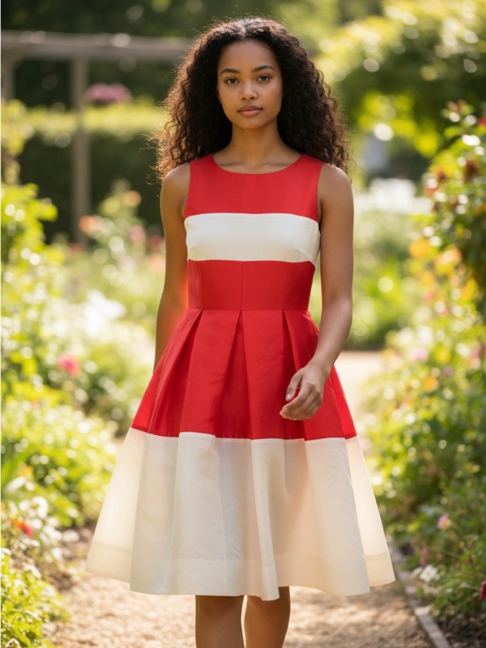 Kate Spade Sleeveless Red and Cream Fit-and-Flare Dress
